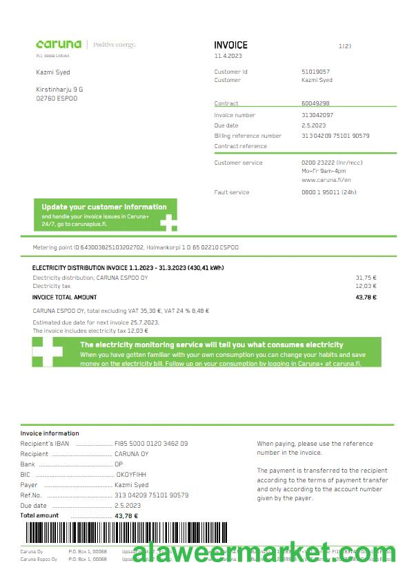 FINLAND CARUNA utility bill Word and PDF template